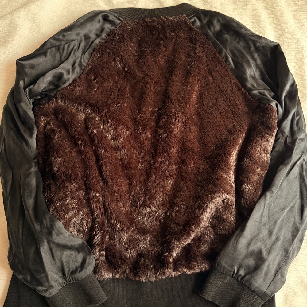 Gryphon Dark Brown Faux-Fur Bomber with Black Sleeves - Picture 3 of 7